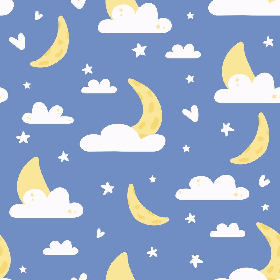 Patrón sin fisuras con linda ilustración de cielo estrellado nocturno con nubes y luna vector