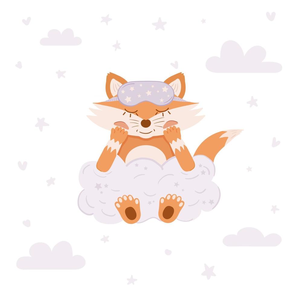 Cute fox sleeps in a sleep mask on a cloud vector