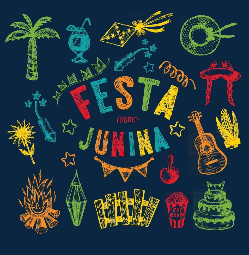 Hand drawn elements icon set of Festa Junina vector