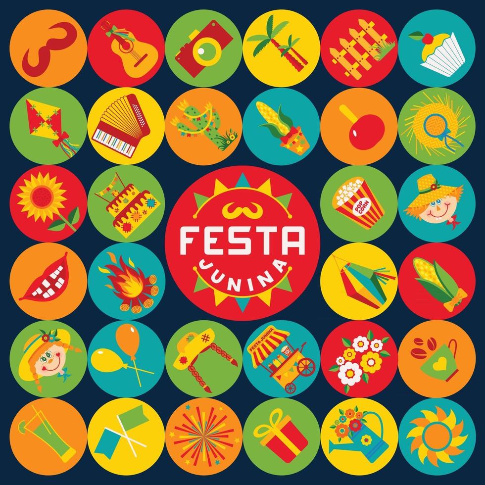 Festa Junina village festival in Latin America Icons set in banner vector