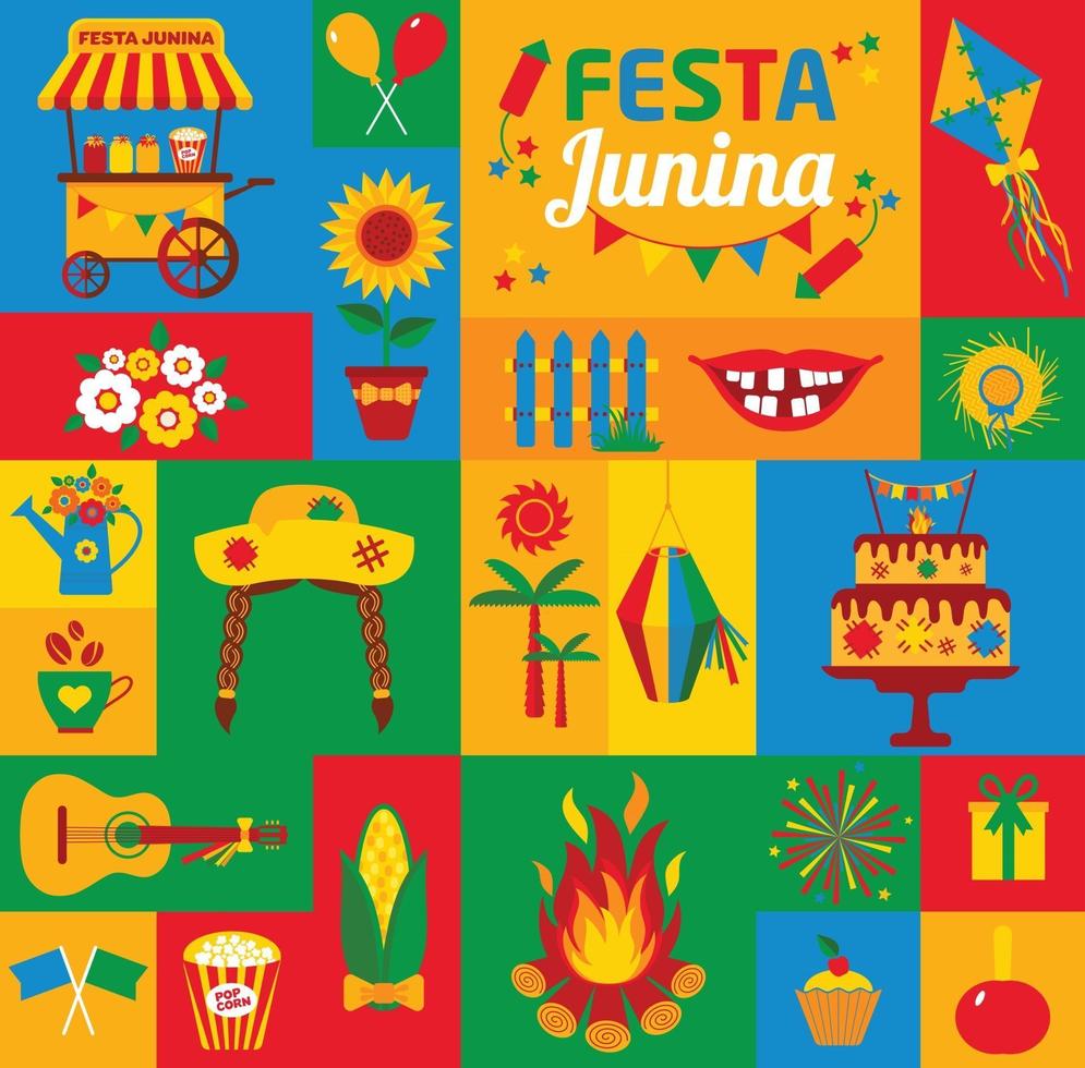 Festa Junina village festival in Latin America Icons set in banner vector