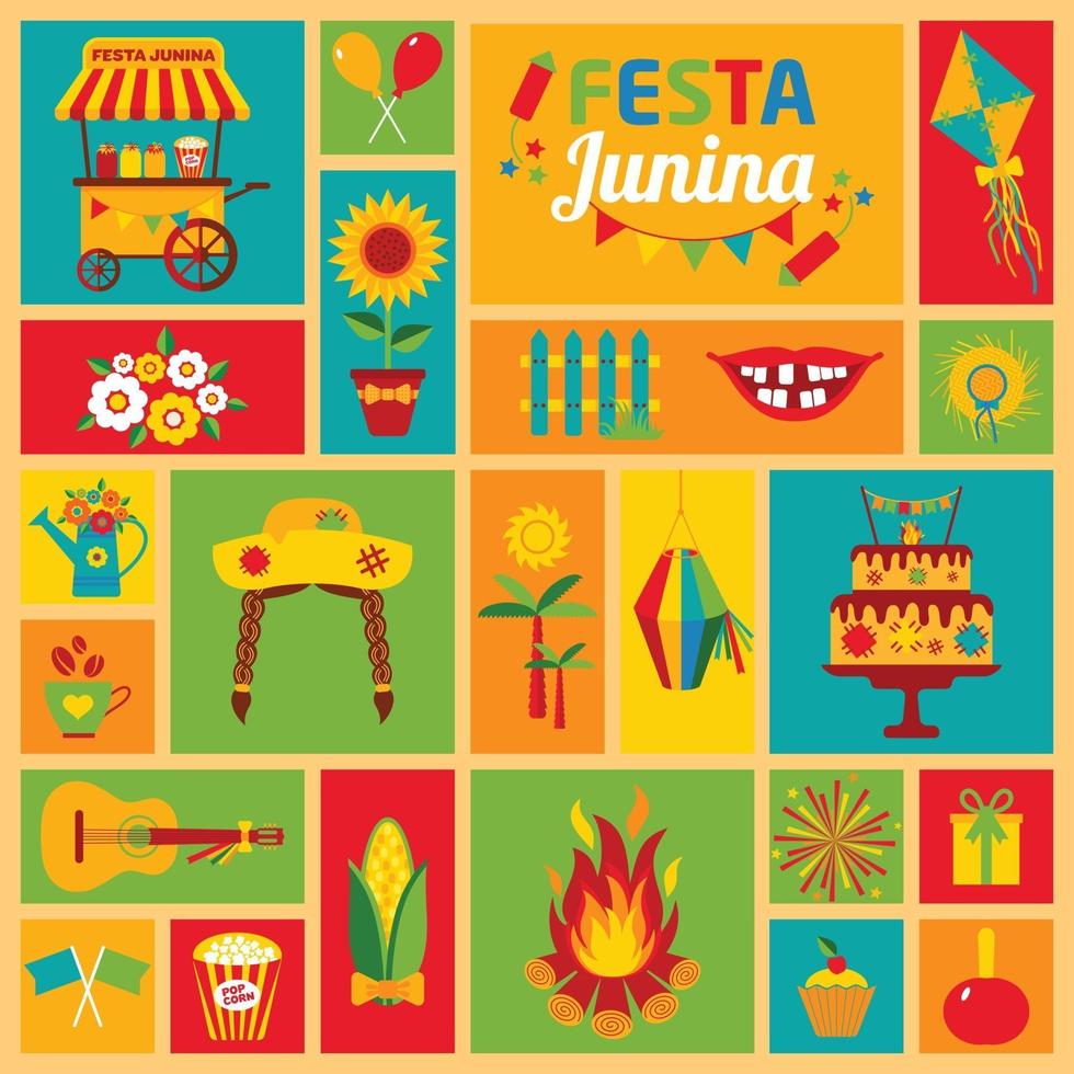 Festa Junina village festival in Latin America  Icons set in banner vector