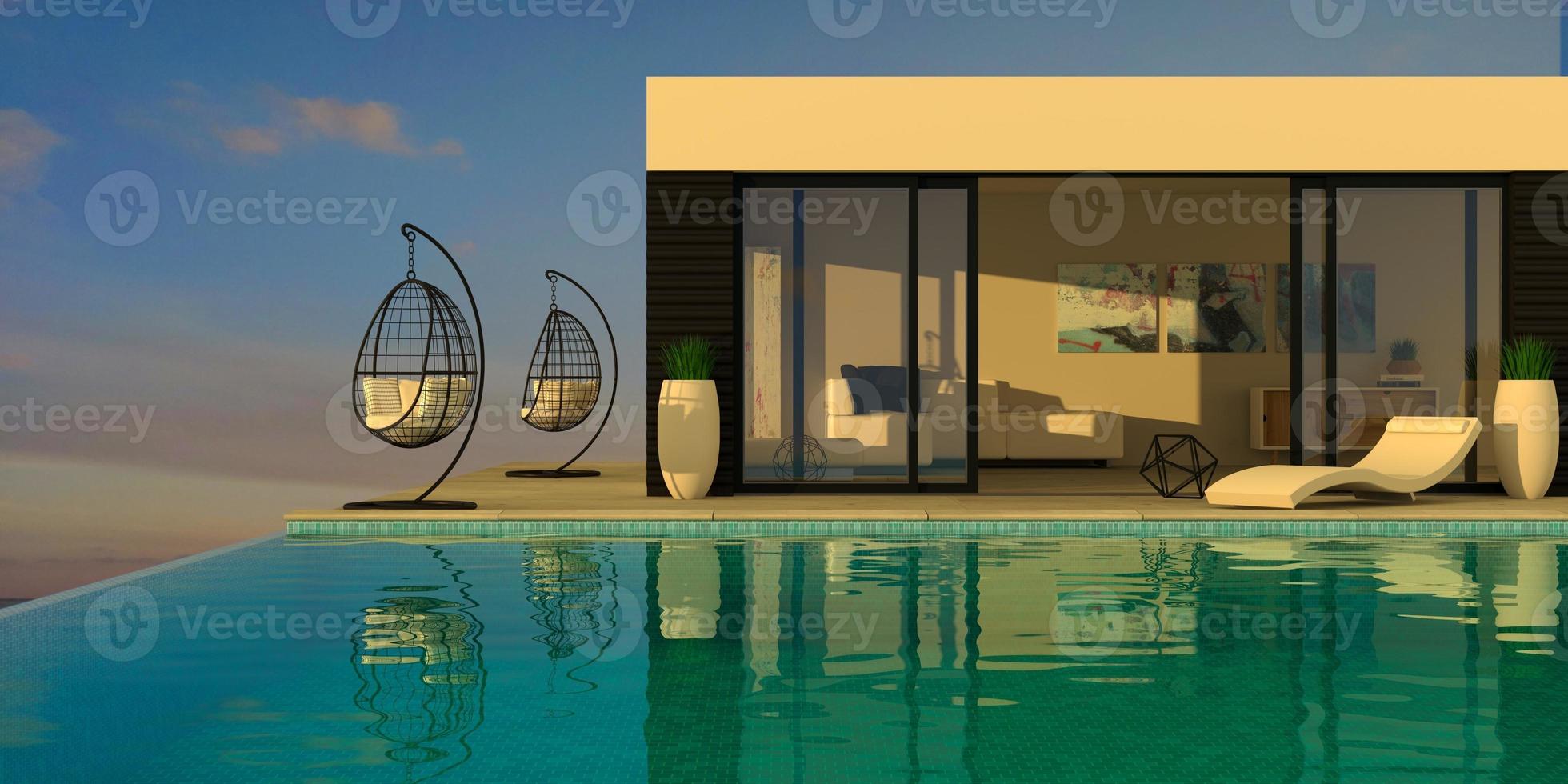 villa moderna en el mar con piscina y tumbonas foto