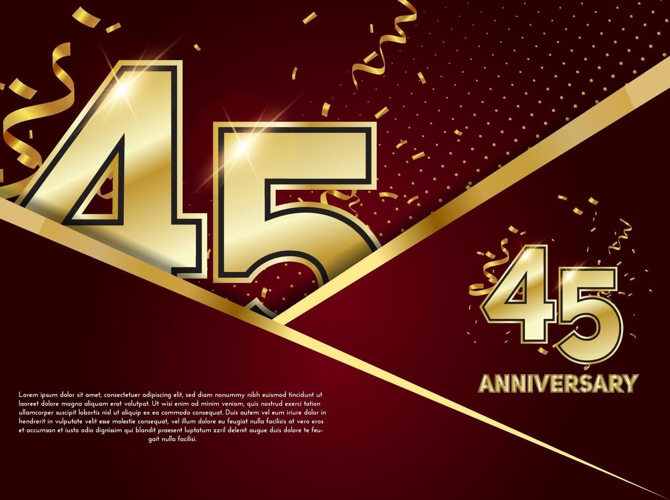 45 year Anniversary celebration. Golden number 45 with sparkling confetti. vector