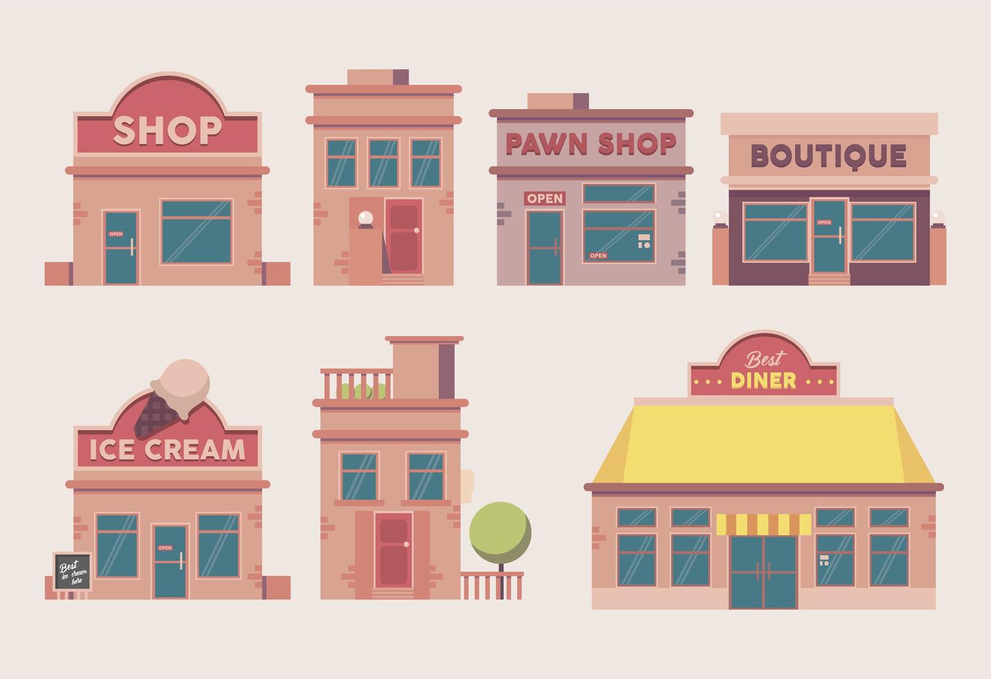 seven buildings facades vector