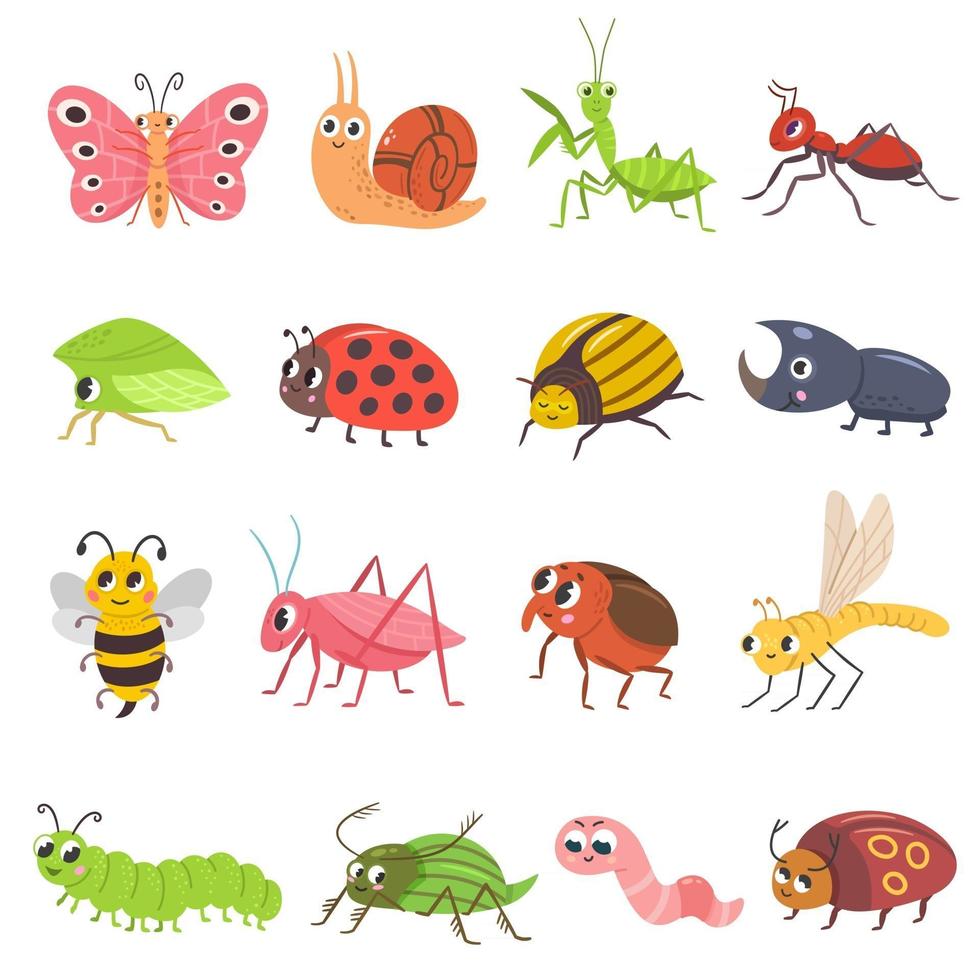 lindo juego de insectos. feliz, sonriente, error, vector, ilustración, conjunto vector