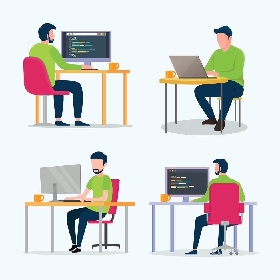 Los programadores codifican el sitio web en la ilustración de vector de computadora portátil