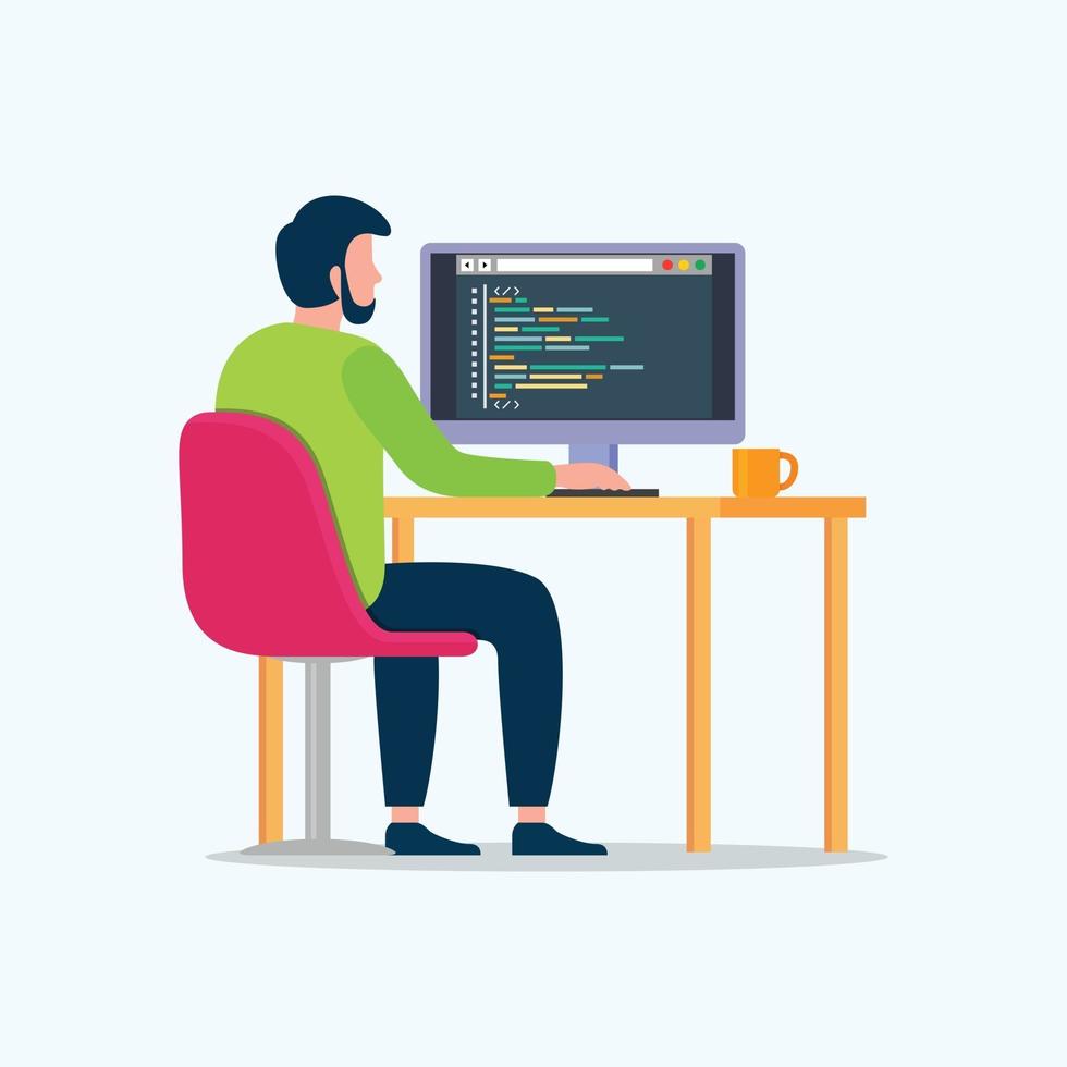Los programadores codifican el sitio web en la ilustración de vector de computadora portátil