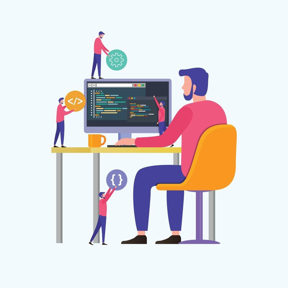 Programmers code the web site on the laptop vector illustration