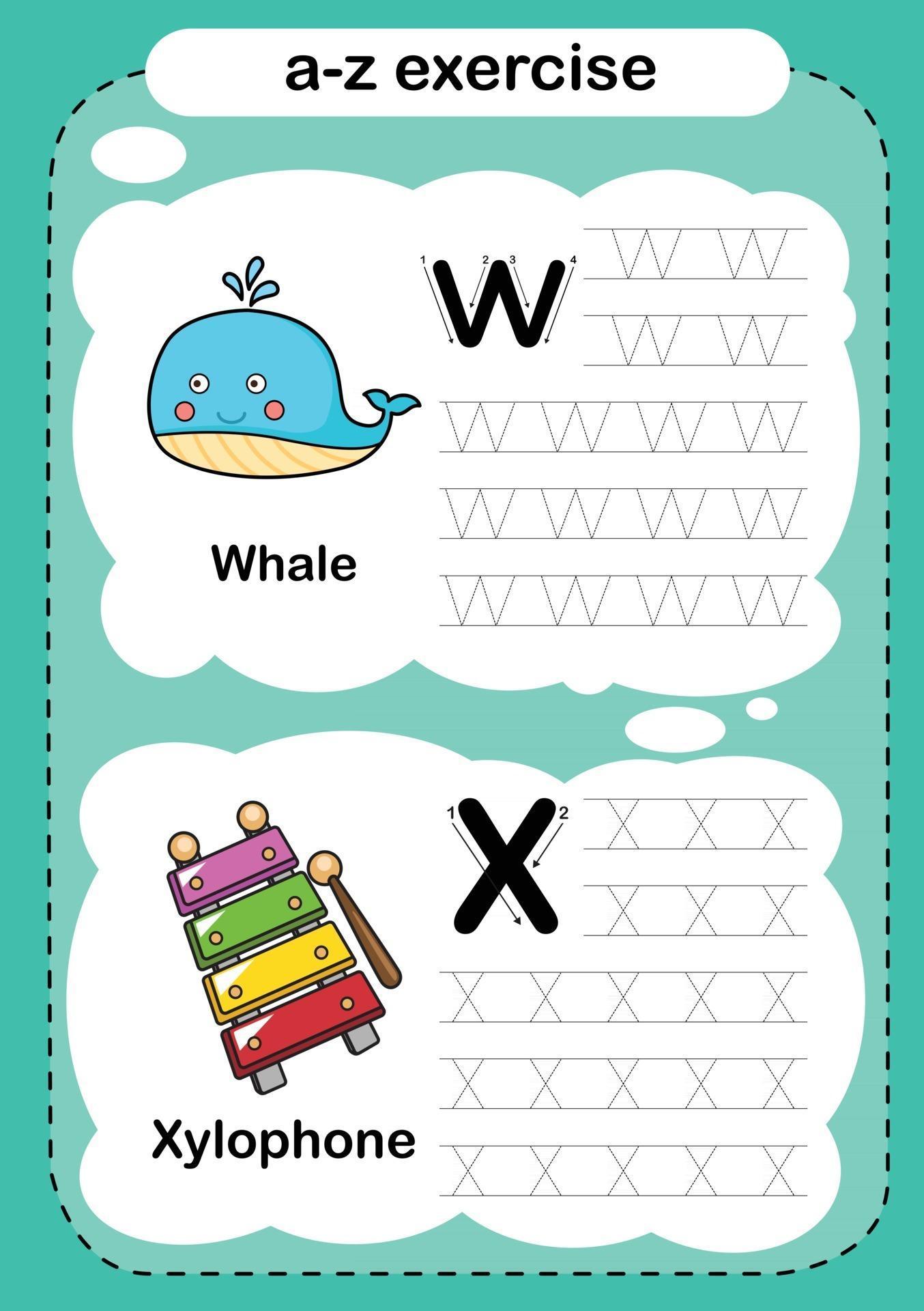 alphabet letter w and x exercise with cartoon vocabulary illustration