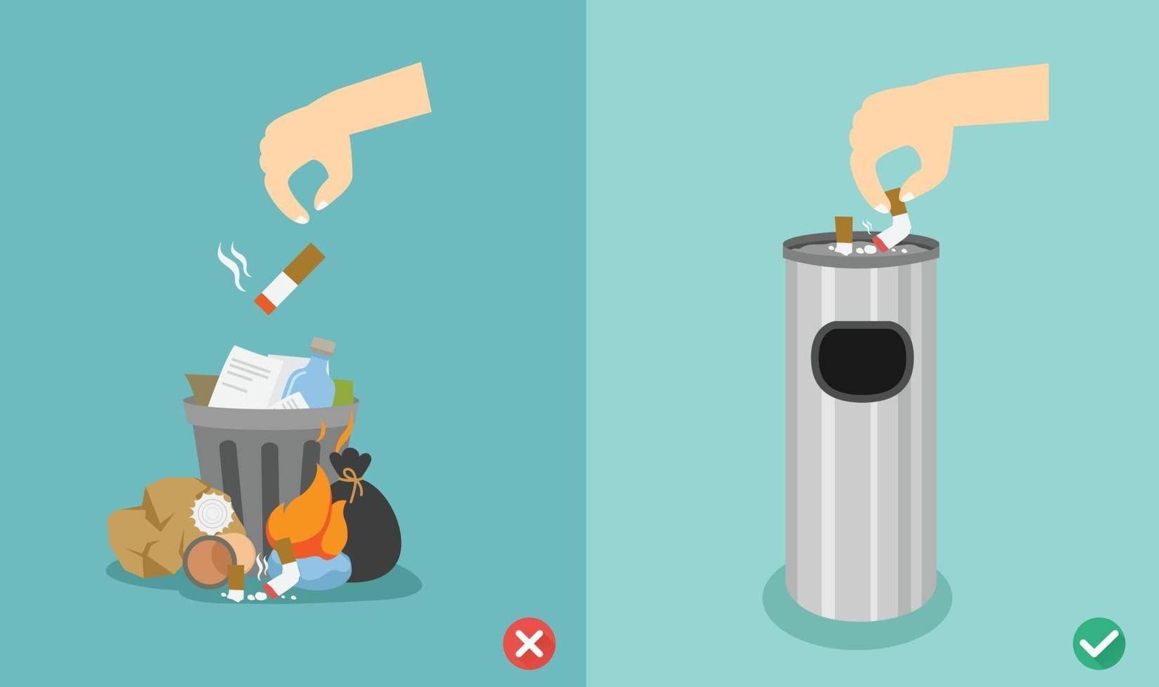 Do not throw cigarette butts on the floor wrong and right vector illustration