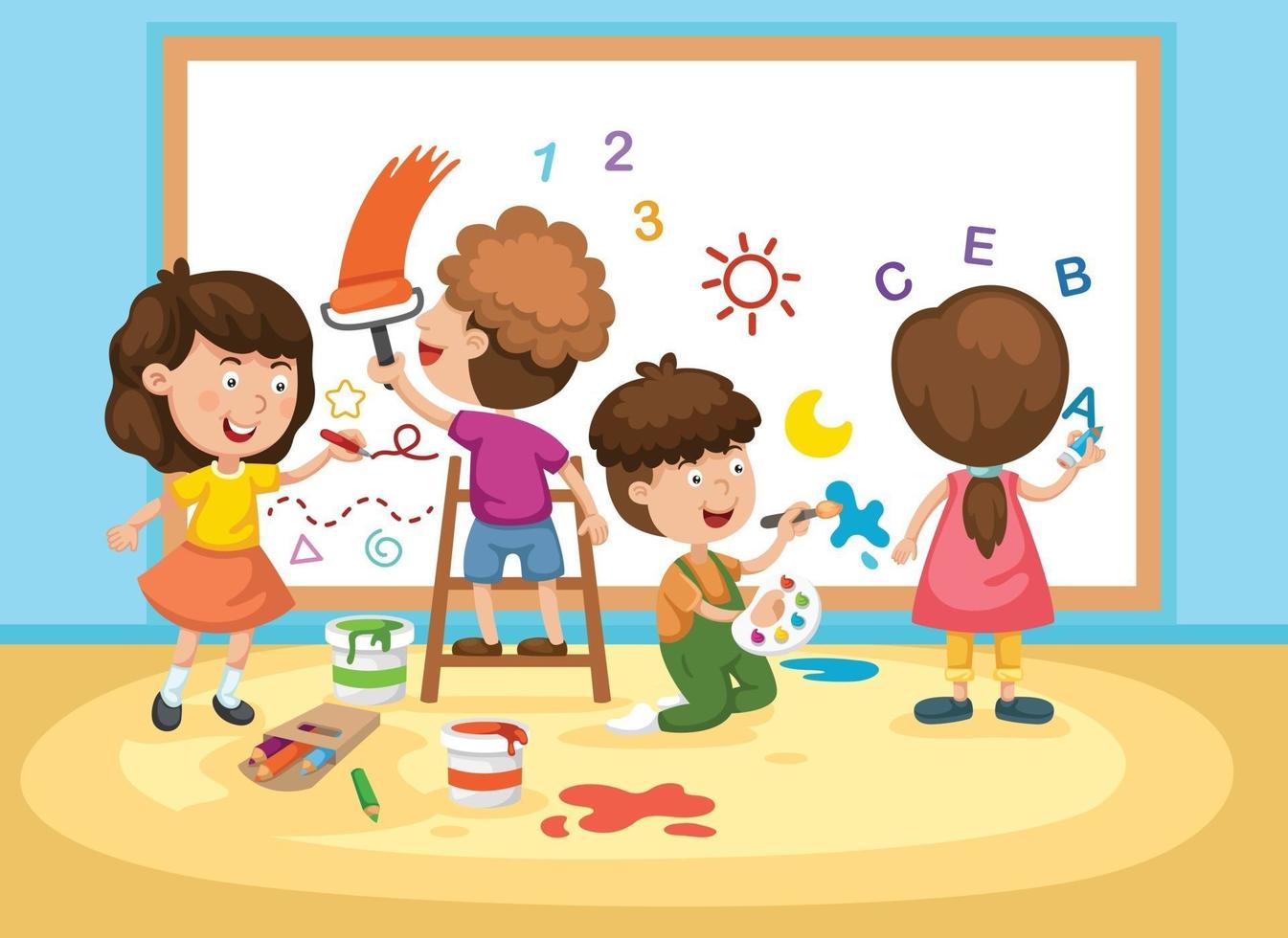 Illustration of children painting white board vector