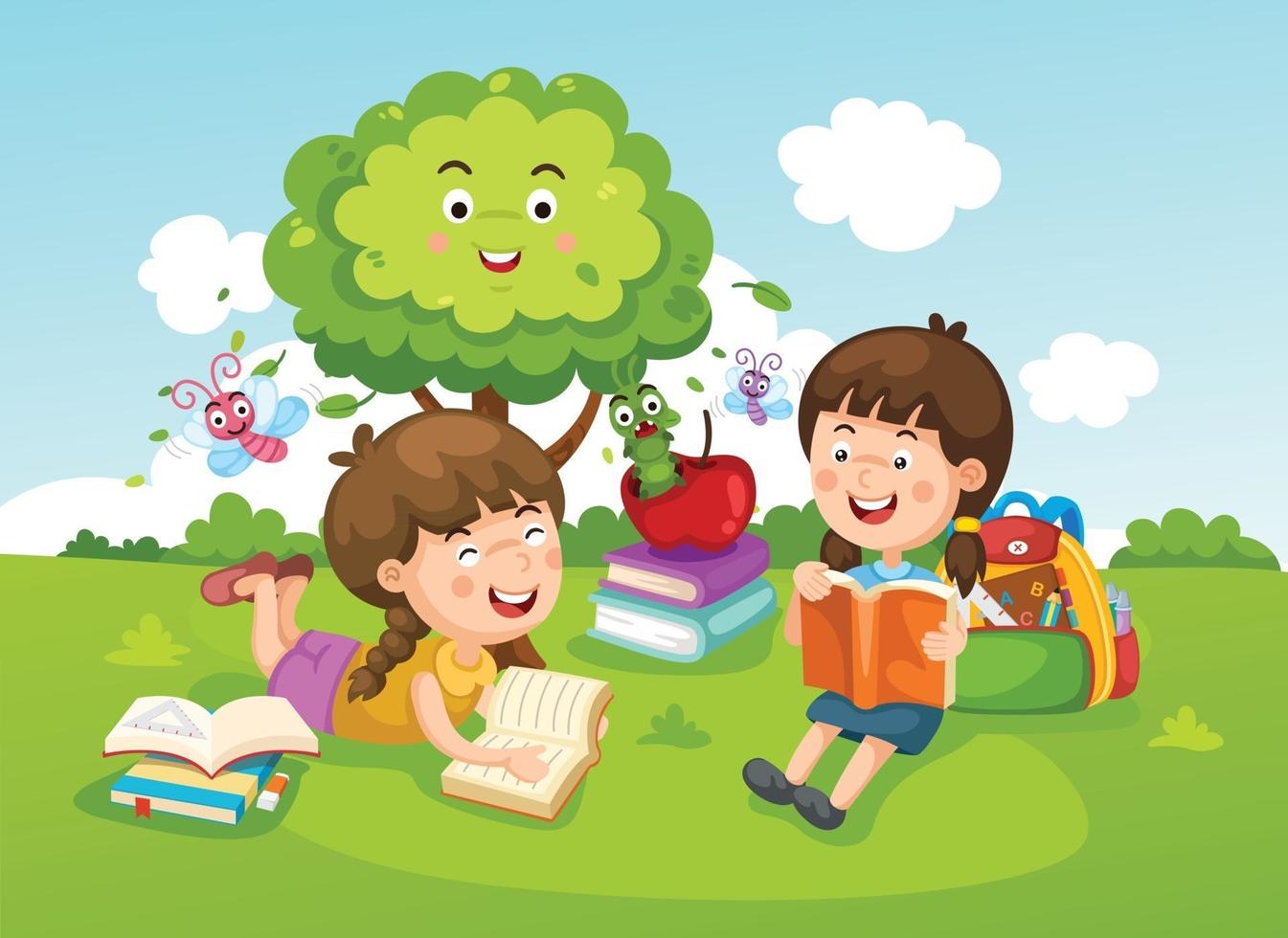 niños de ilustración trabajando y leyendo un libro en el vector del parque