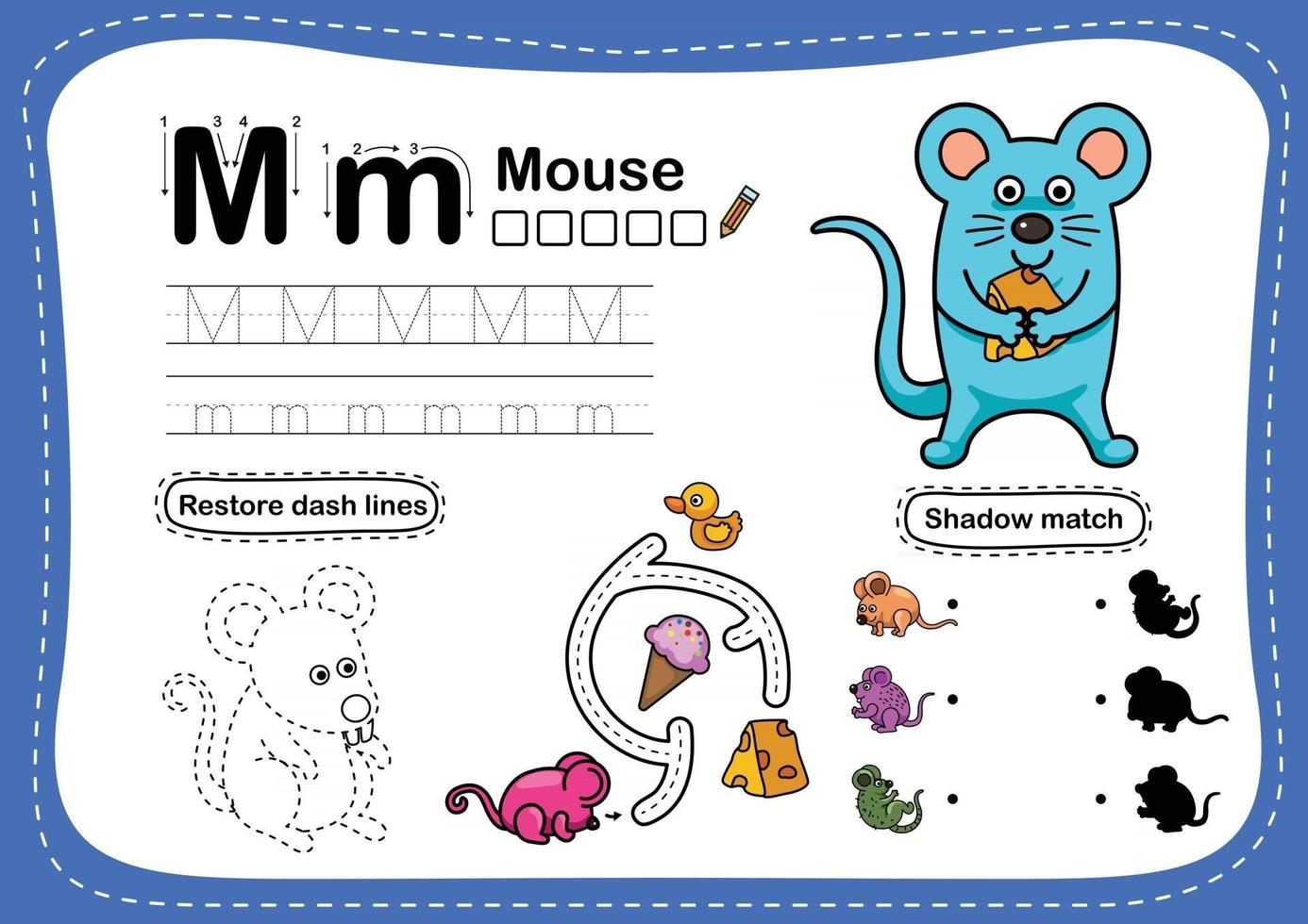 Alphabet Letter M mouse exercise with cartoon vocabulary illustration vector