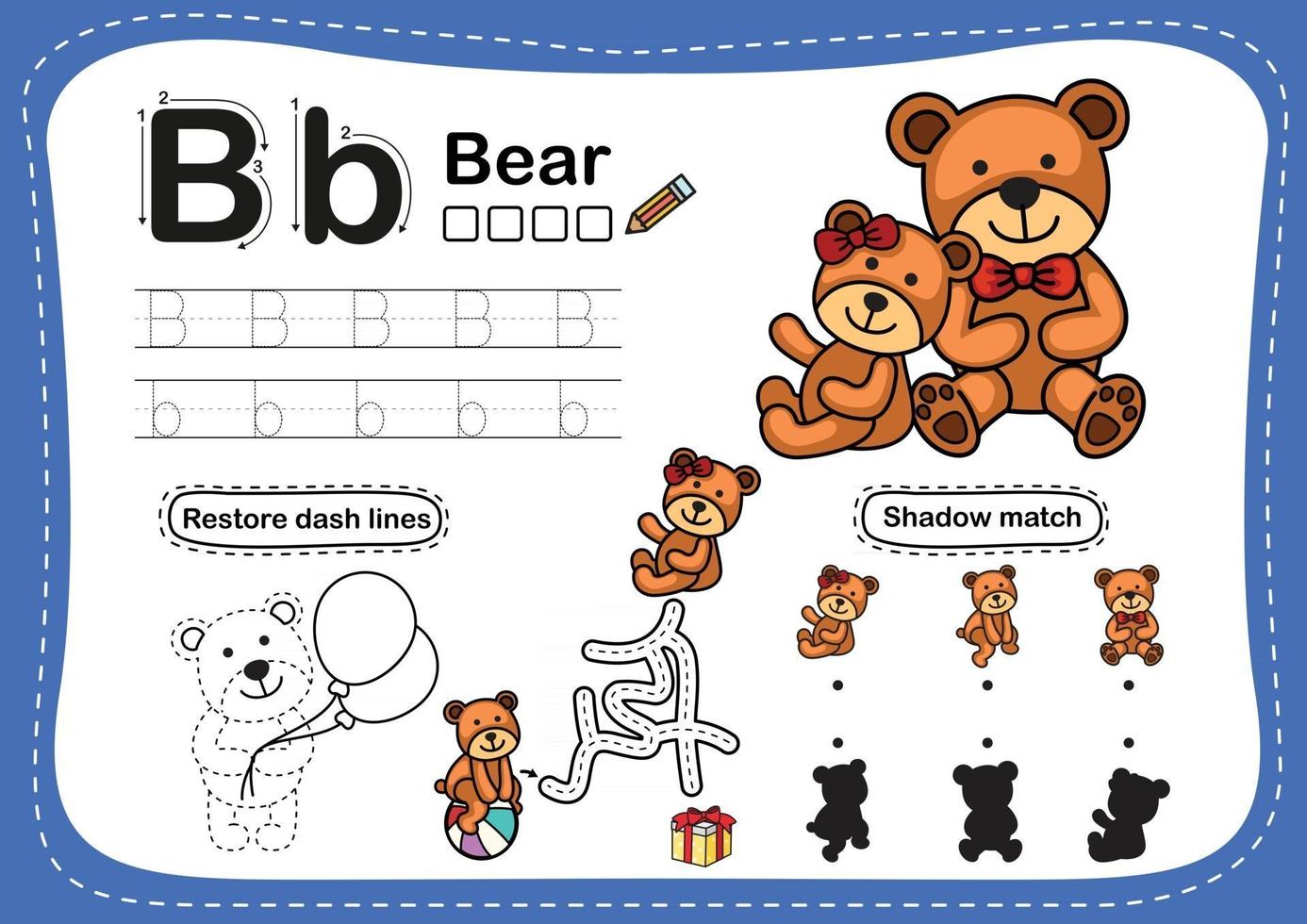 Alfabeto letra b ejercicio de oso con vector de ilustración de vocabulario de dibujos animados