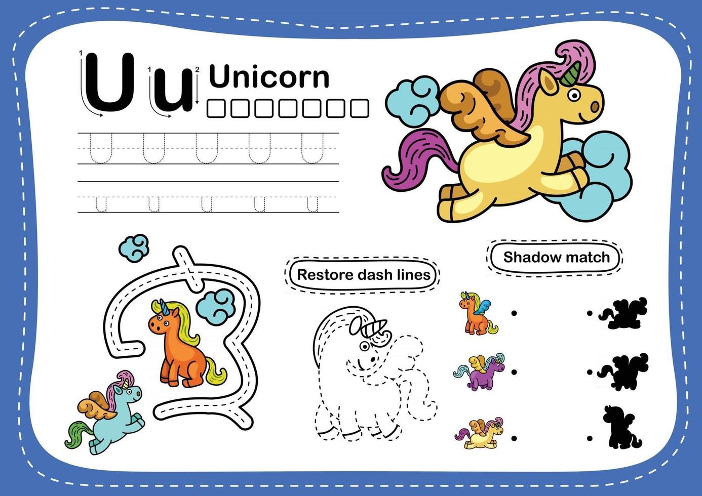 Alfabeto letra u ejercicio de unicornio con vector de ilustración de  vocabulario de dibujos animados 2494719 Vector en Vecteezy