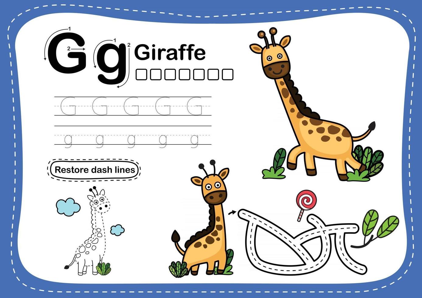 Alphabet Letter G giraffe exercise with cartoon vocabulary illustration vector