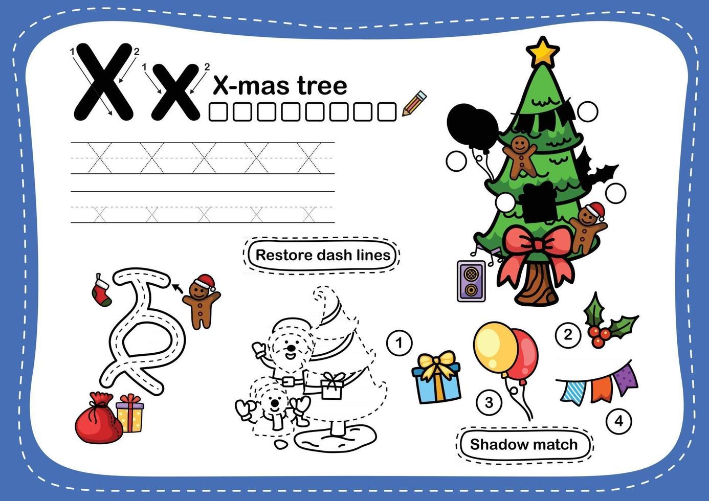 Alphabet Letter X  x mas tree exercise with cartoon vocabulary illustration vector