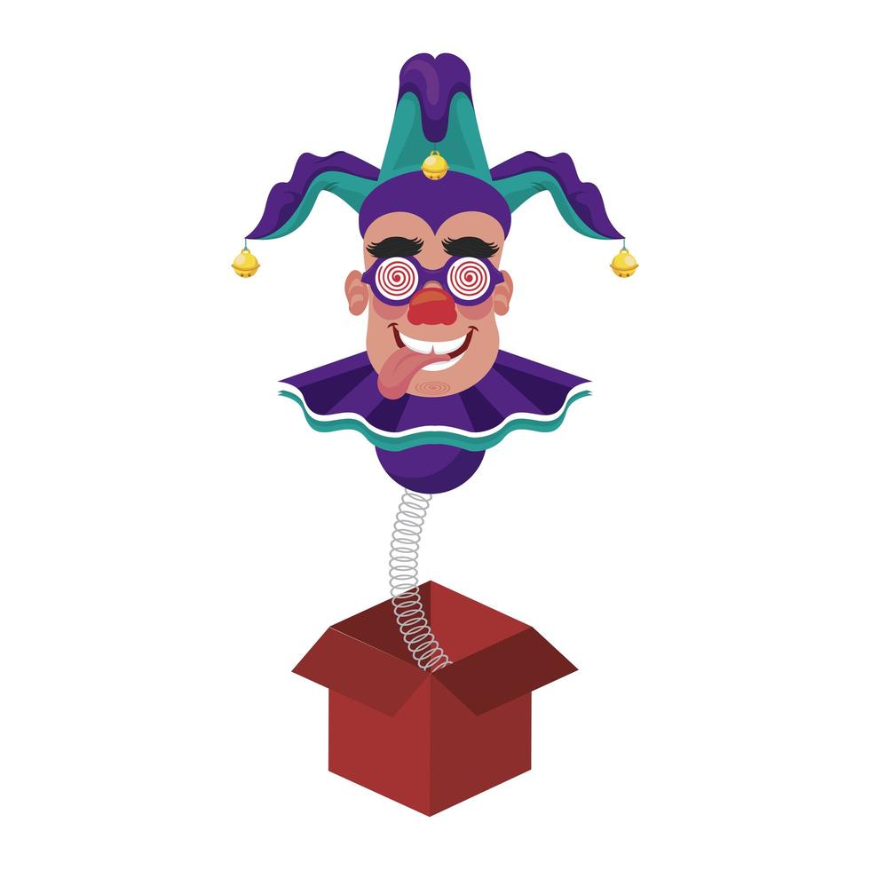 clown wearing joker hat and mask in surprise box fools day accessory vector