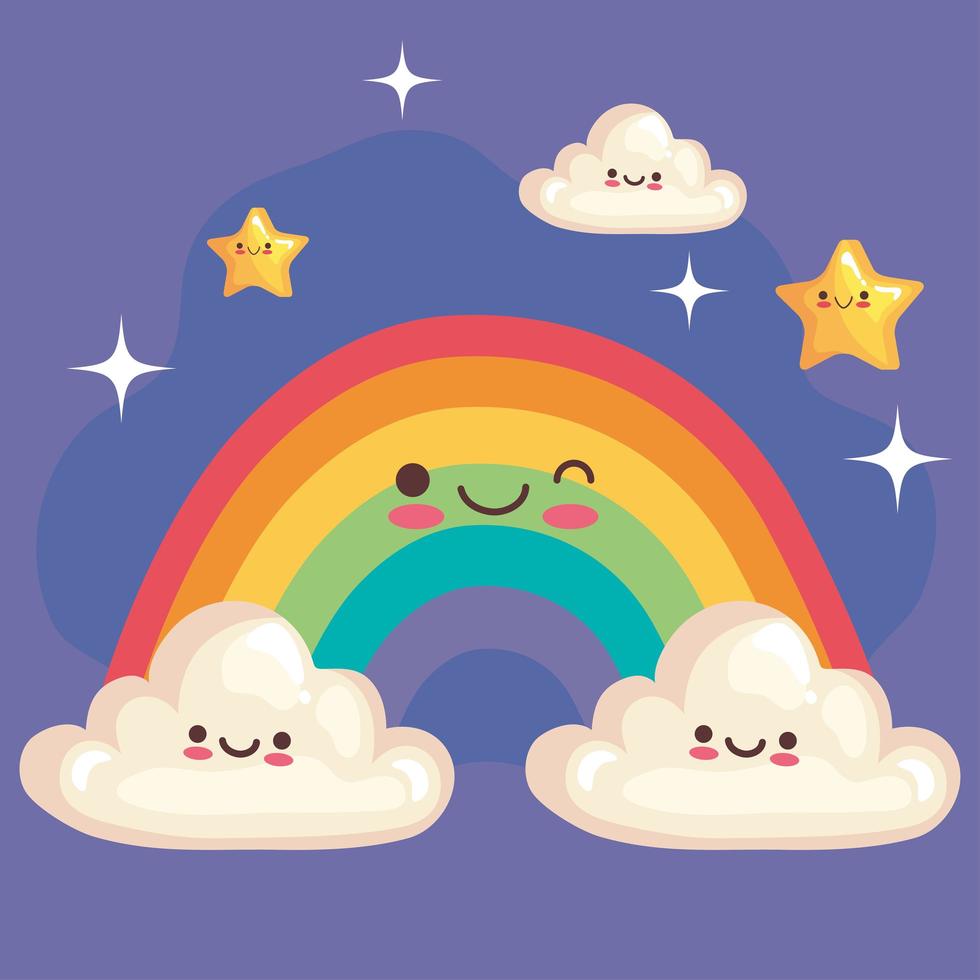 lindo arcoiris con estrellas y nubes pegatinas personajes kawaii vector