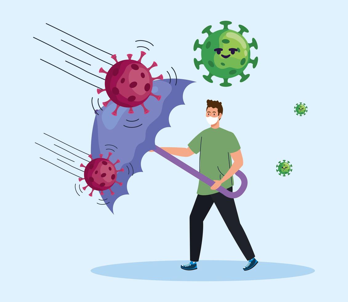 man wearing medical mask with covid19 particles characters and umbrella vector