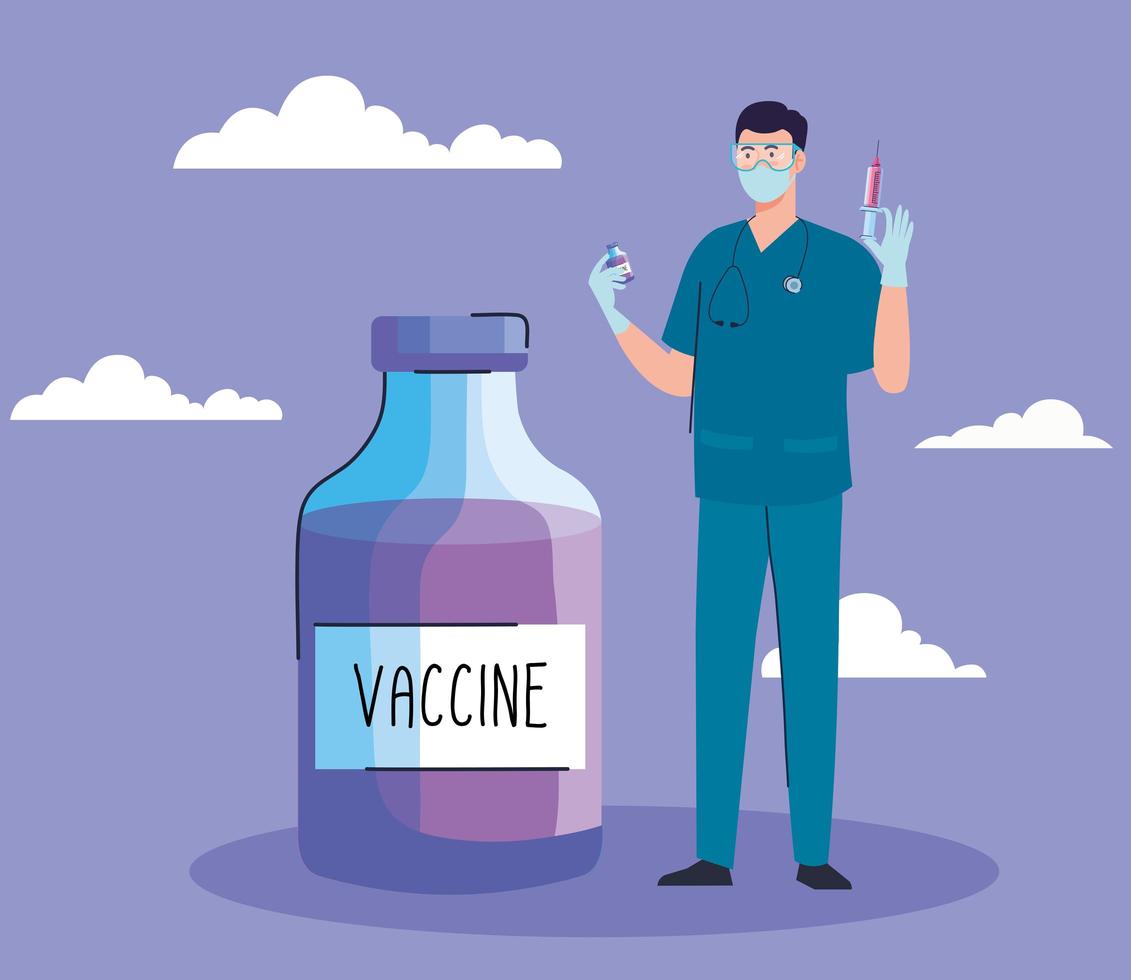 doctor with vaccine vial bottle covid19 icon vector