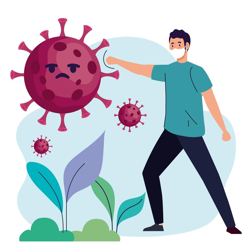 man wearing medical mask with covid19 particles comic characters in the camp vector