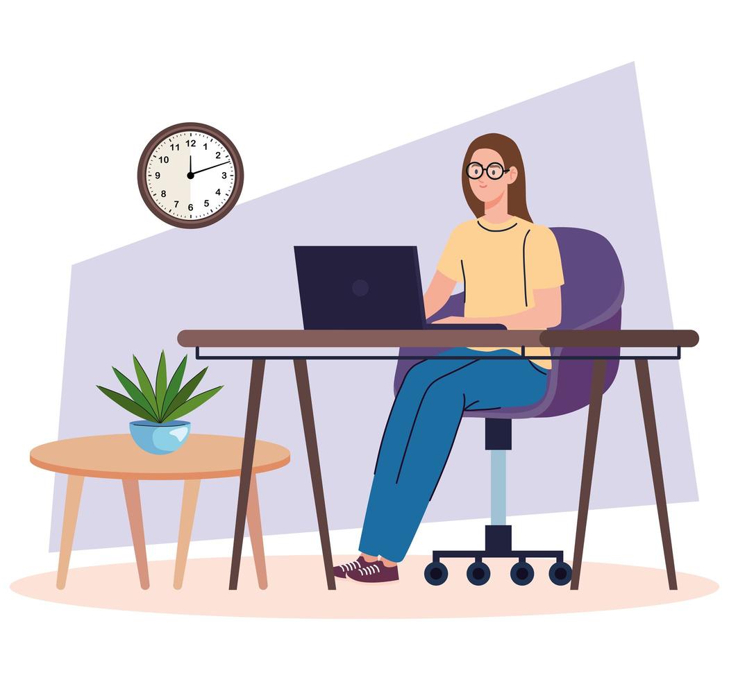 young woman freelancer worker in desk using laptop vector
