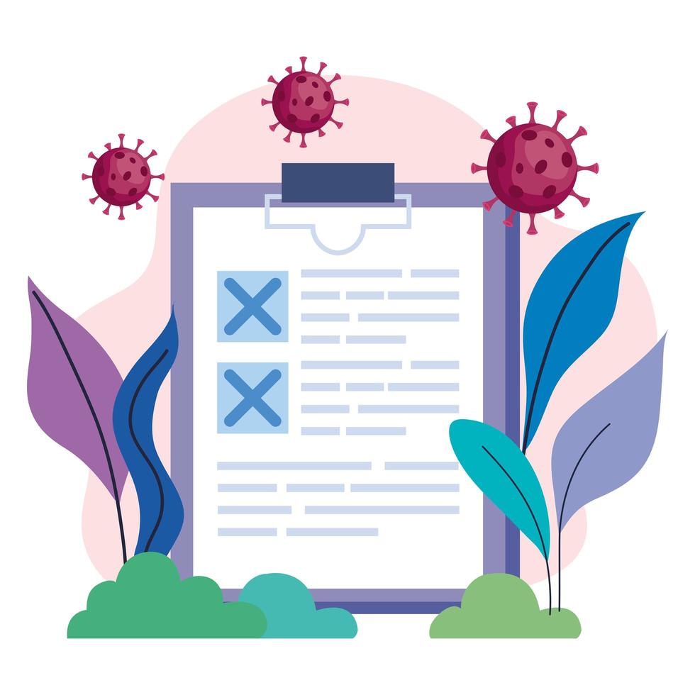 covid19 virus particles with checklist in the camp vector