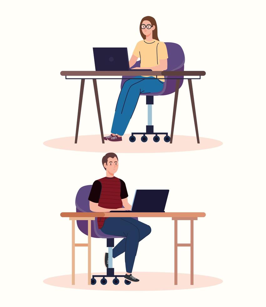 young couple freelancers workers characters using laptops vector