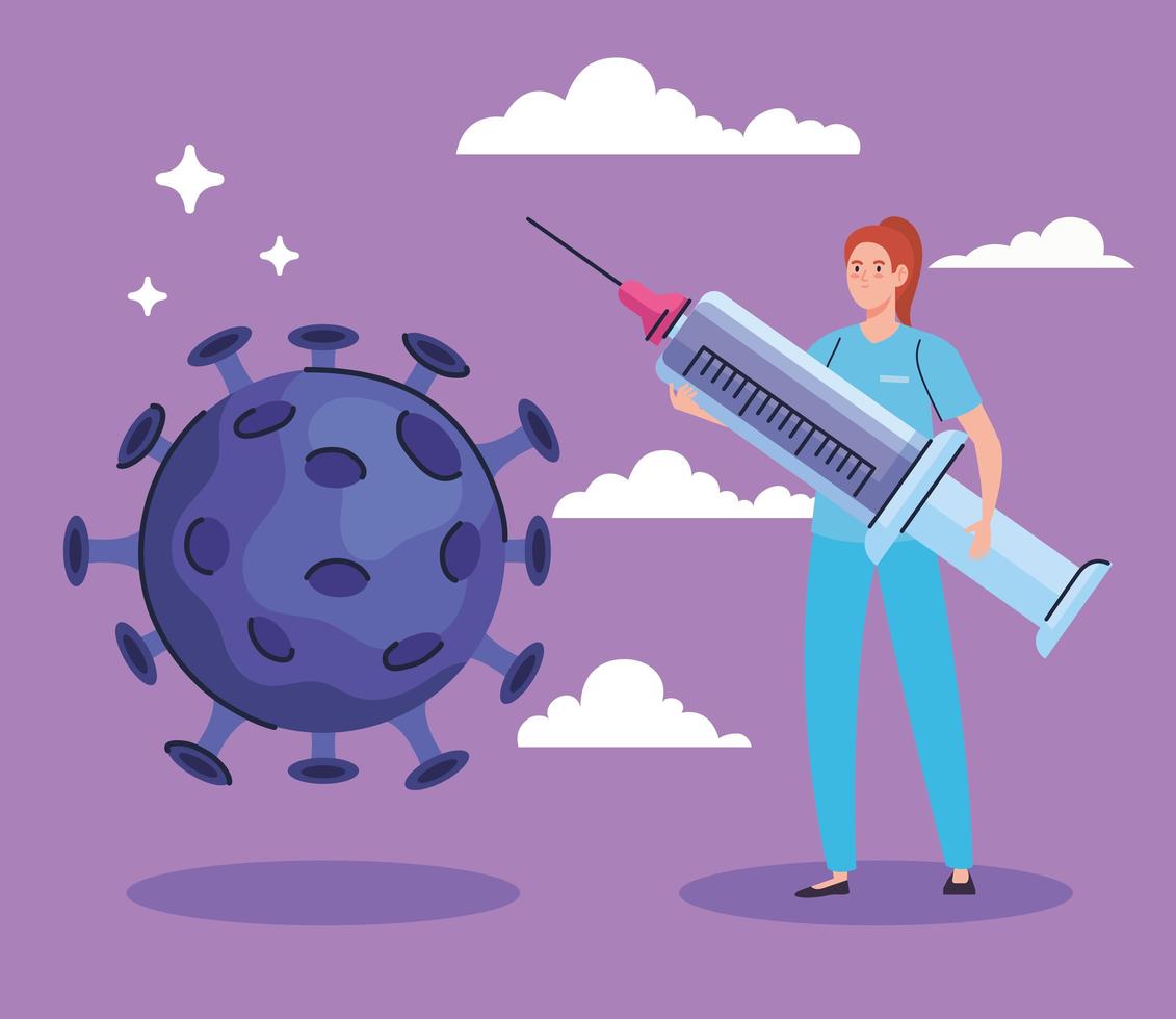 female doctor with vaccine syringe character and covid19 particle vector