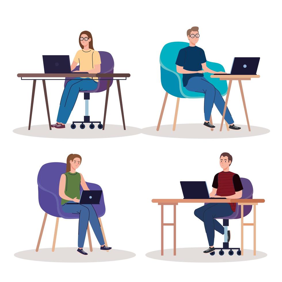 young people freelancers workers characters using laptops vector