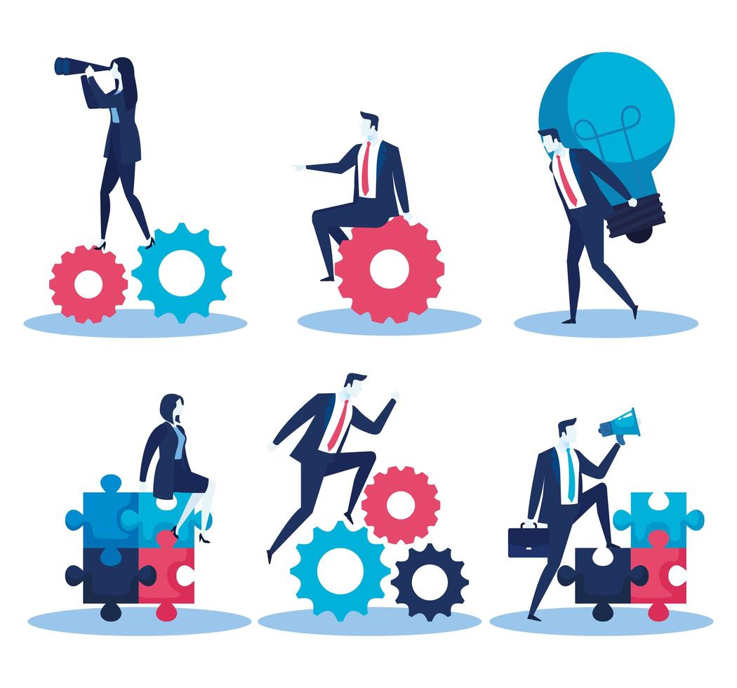 elegant business people with gears and puzzle pieces vector