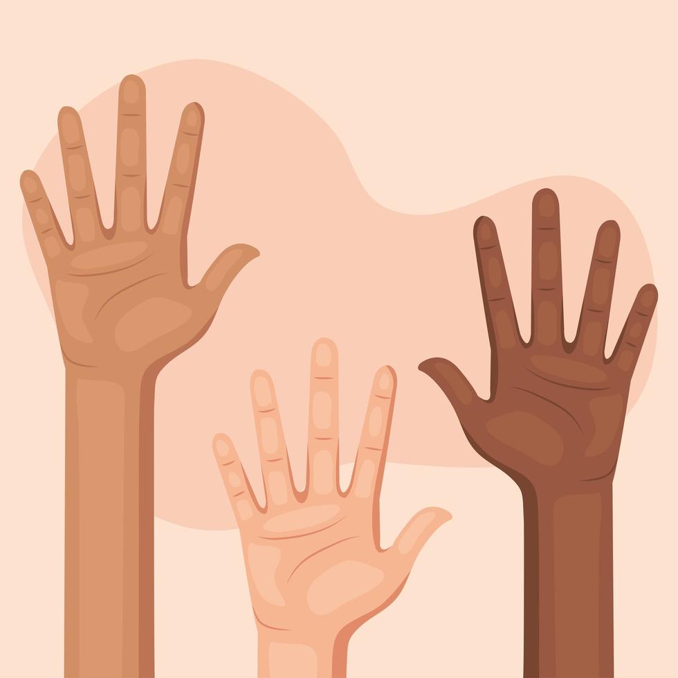 Tres manos interraciales humanos señales establecer iconos vector