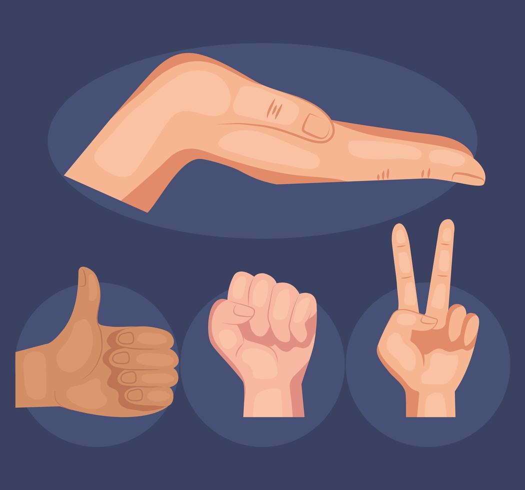 four interracial hands humans signals set icons vector