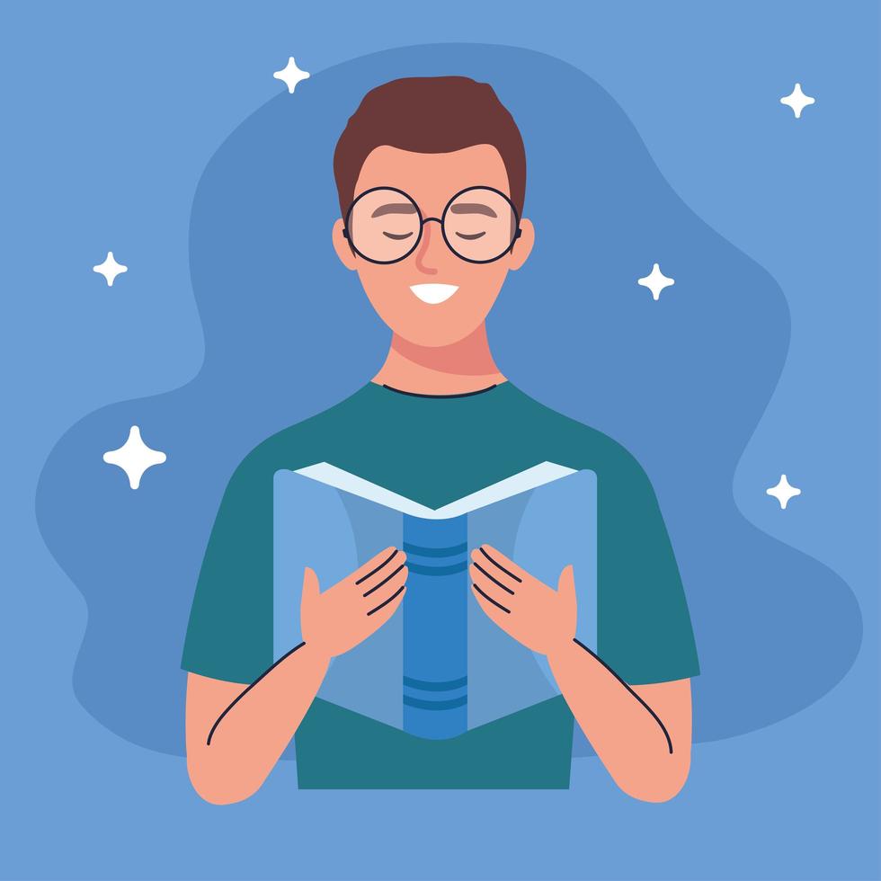 man wearing eyeglasses reading text book with stars vector