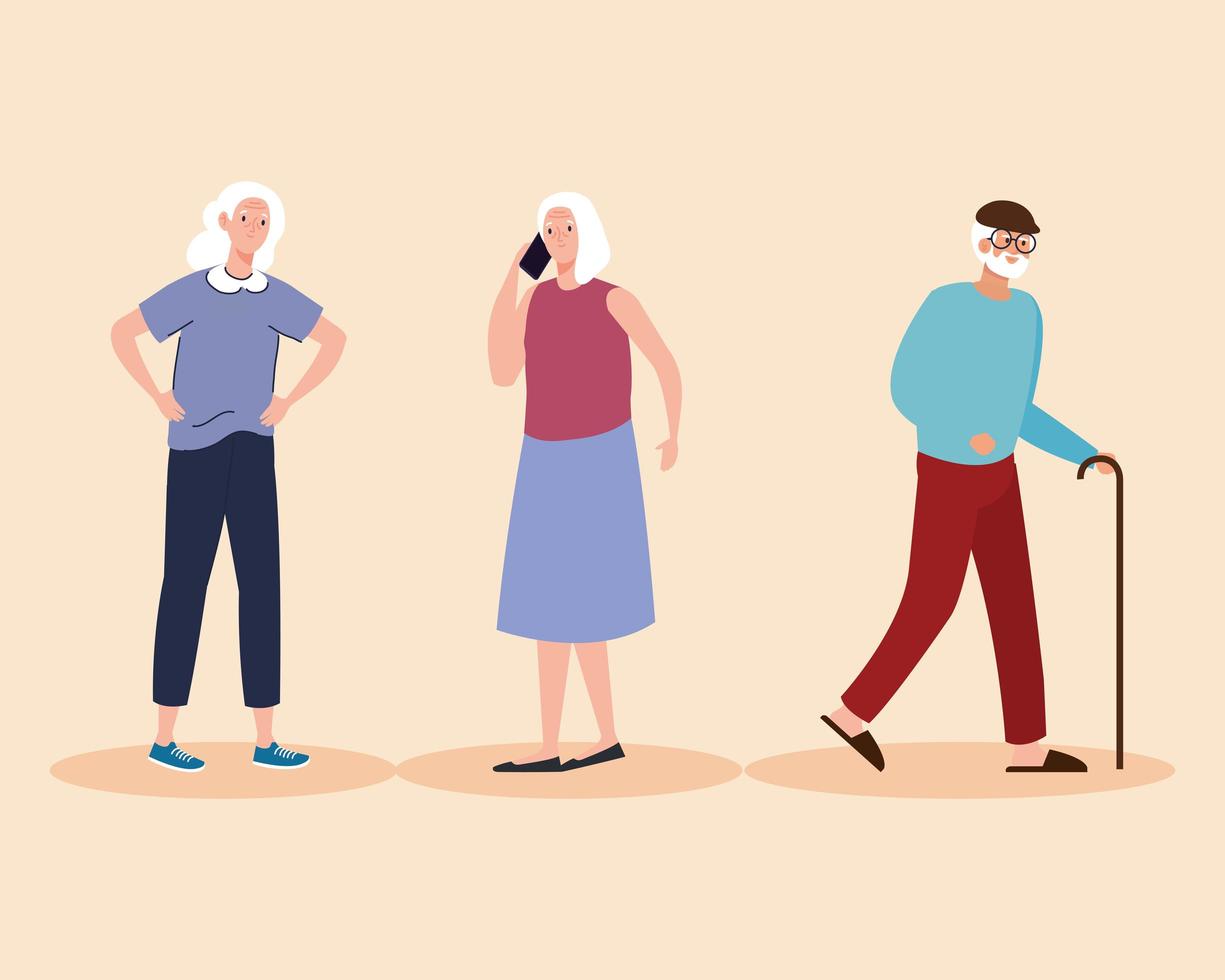 group of three elderly old people characters vector