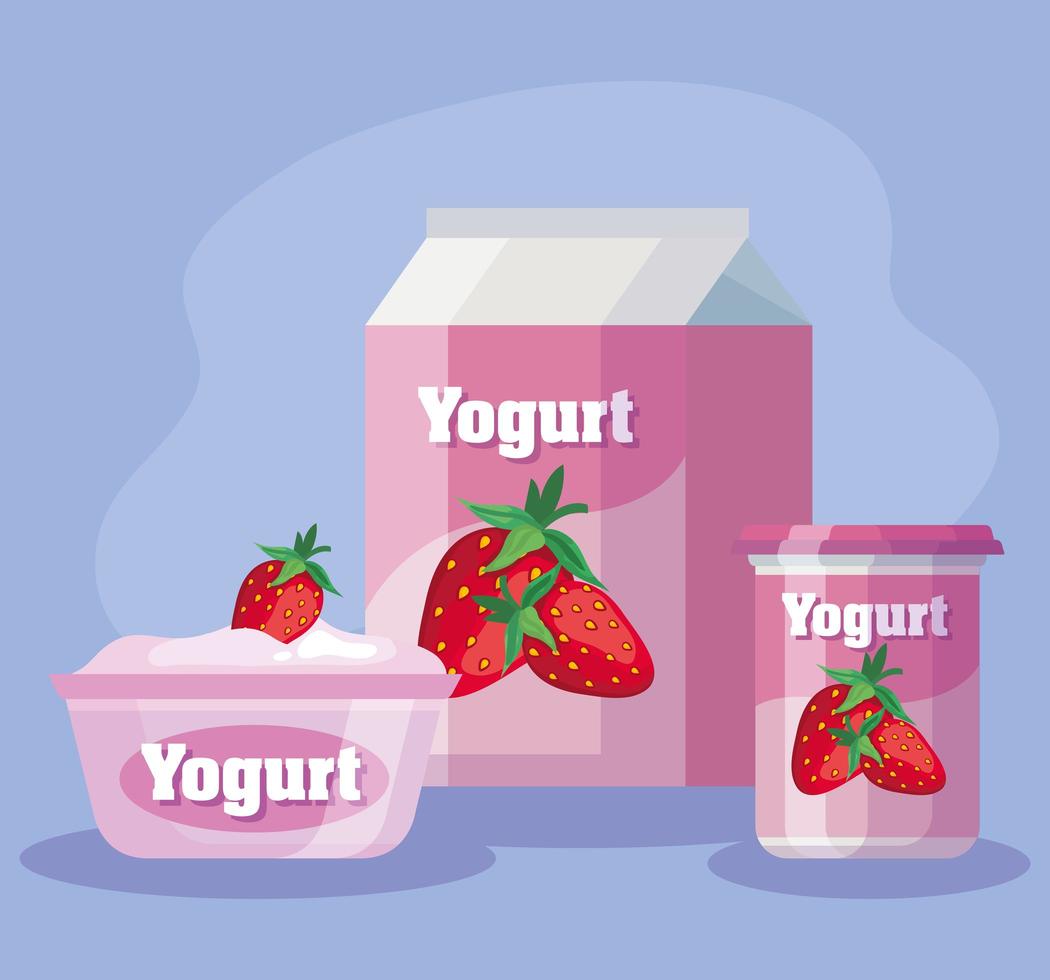 deliciosos productos de yogur con sabor a fresa vector