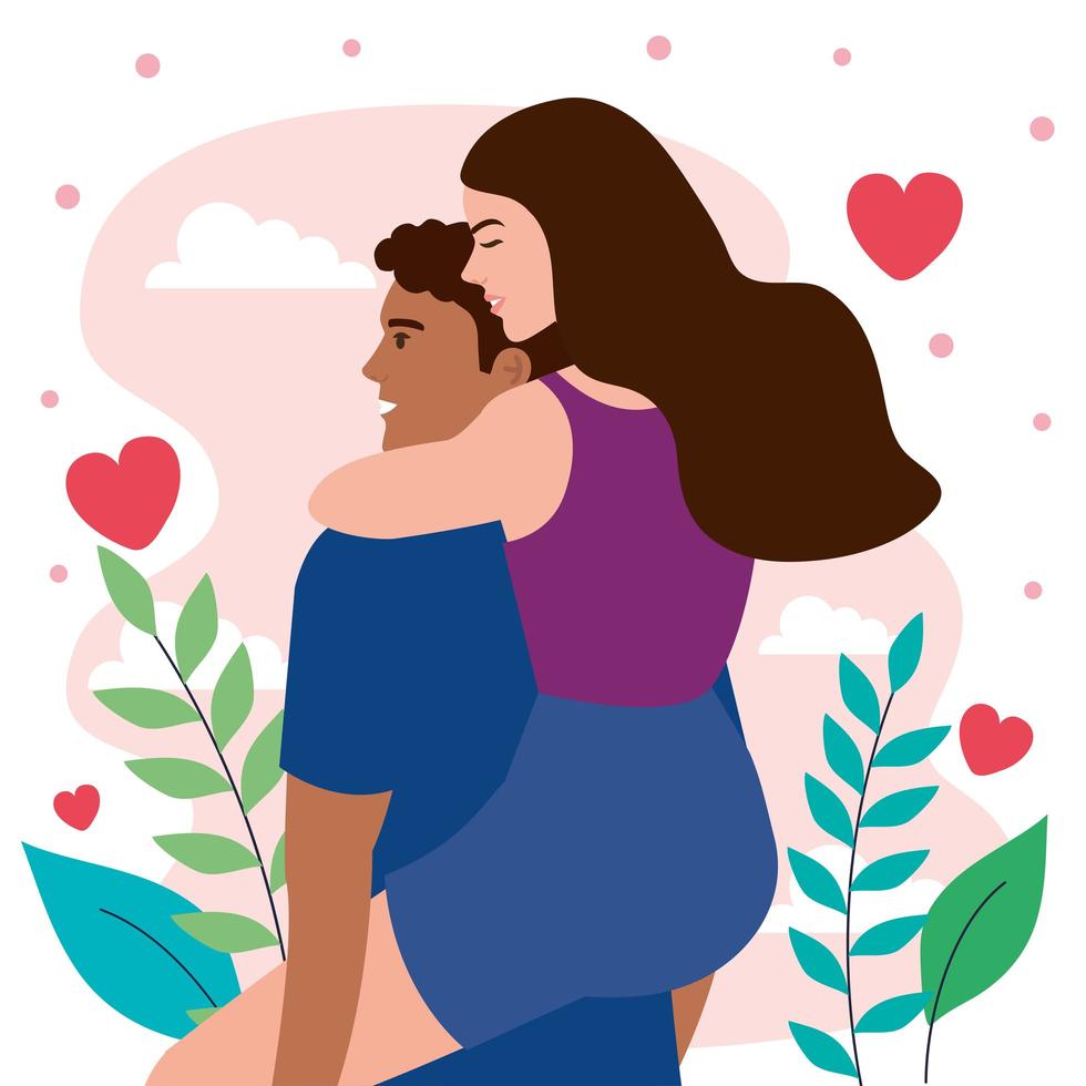 young interracial lovers couple lifting characters with hearts vector