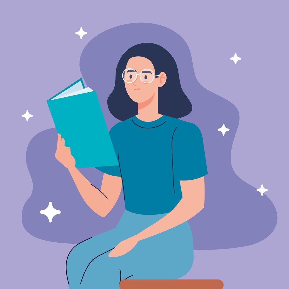 mujer con anteojos leyendo libro de texto personaje sentado vector