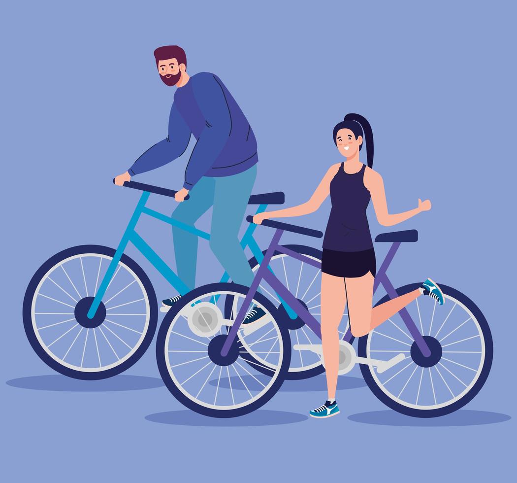 Woman and man riding bike vector design