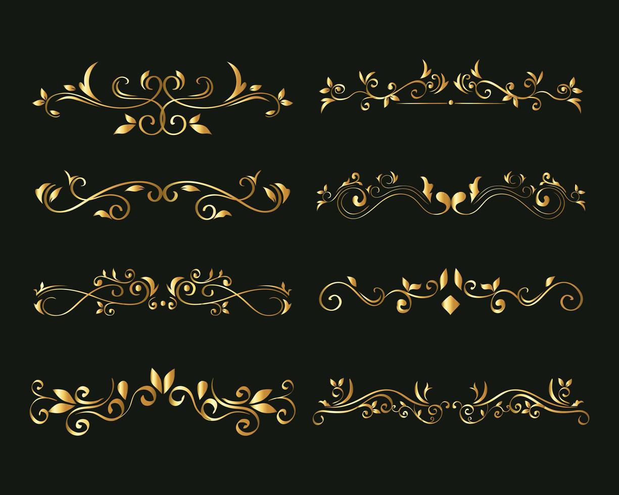 gold ornament element icon set on green background vector design