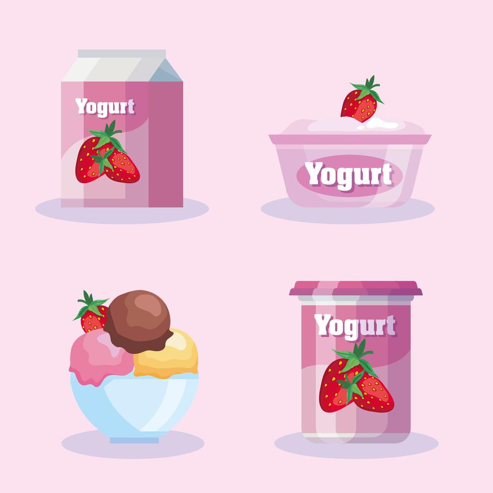 deliciosos productos de yogur con sabor a fresa vector