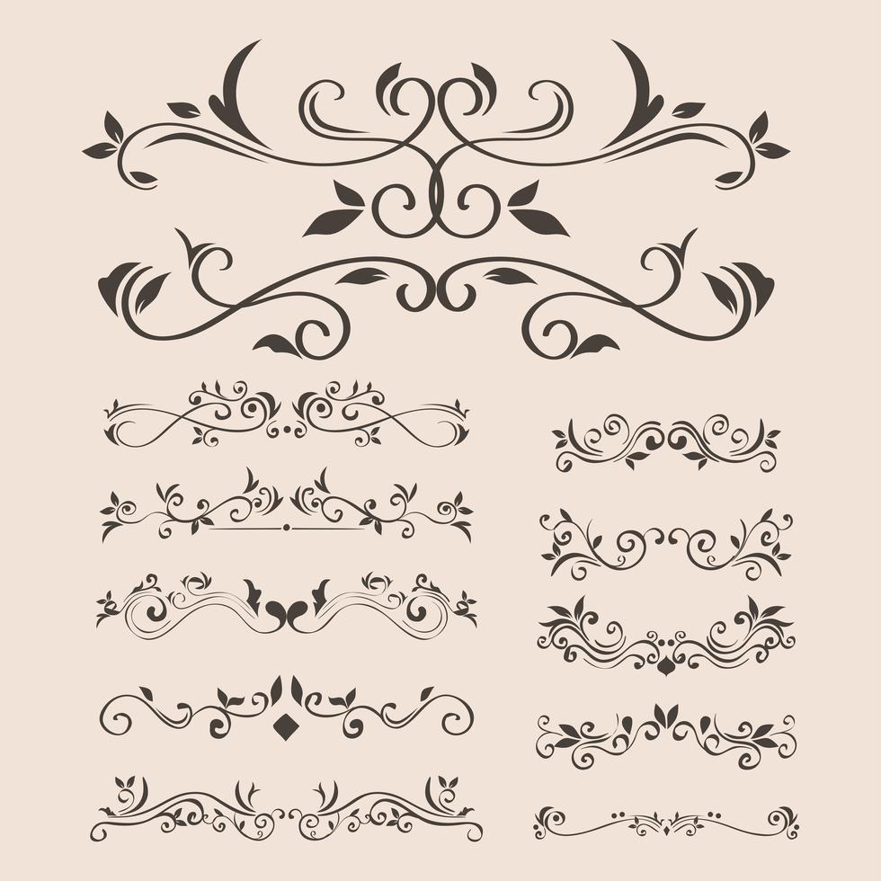 black ornament element icon set on isolated background vector design