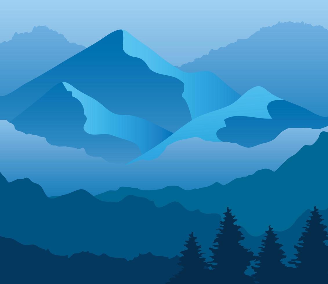 paisaje de montañas y pinos sobre fondo azul diseño vectorial vector