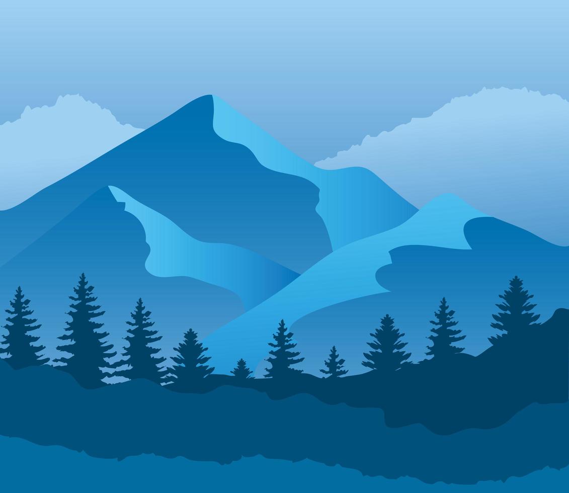 paisaje de montañas y pinos sobre fondo azul diseño vectorial vector