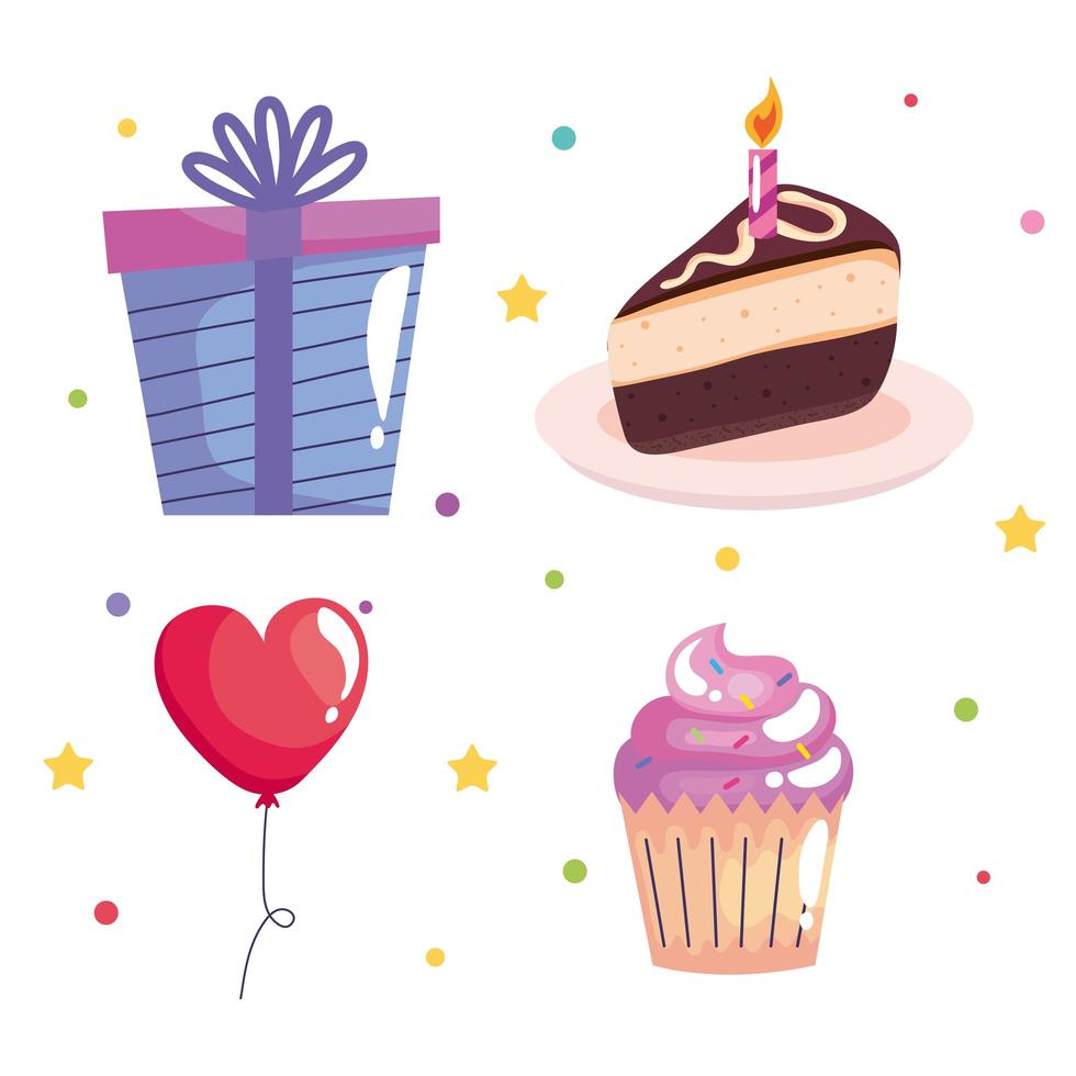 paquete de cuatro iconos de celebración de cumpleaños vector