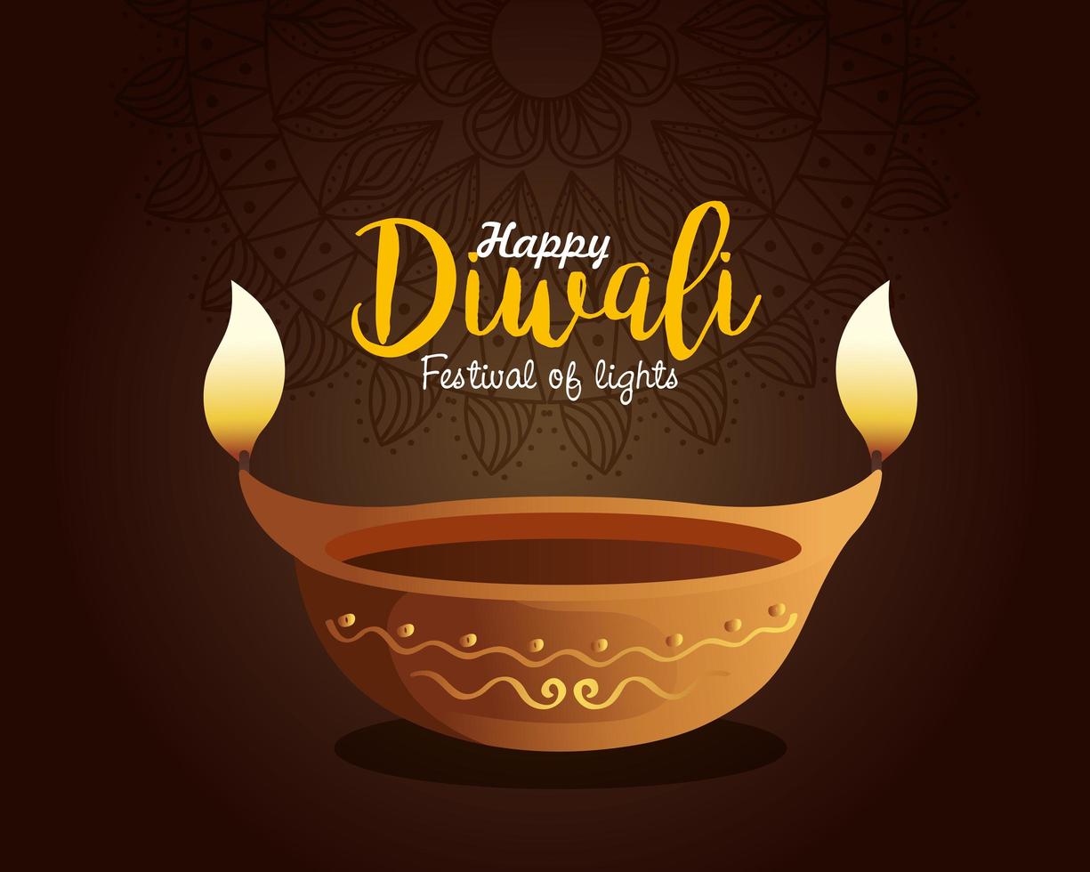 Happy diwali diya candle with mandala on brown background vector ...