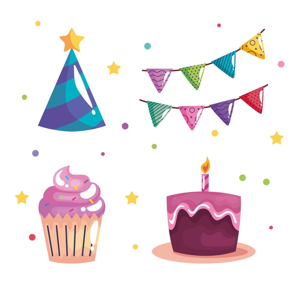 bundle of four party birthday celebration set icons vector