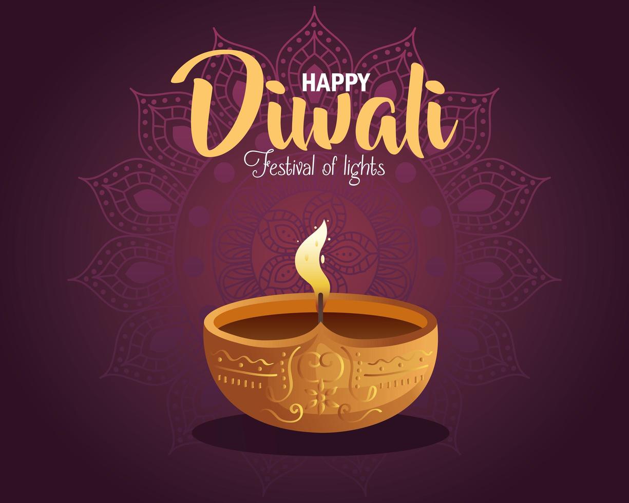 Happy diwali diya candle with mandala on purple background vector design